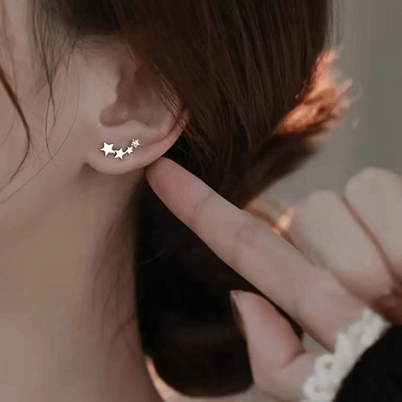 Boutique Jewelry - Silver Plated Tiny Star Quartet Crawler Earring Dainty Climber Ear Stud